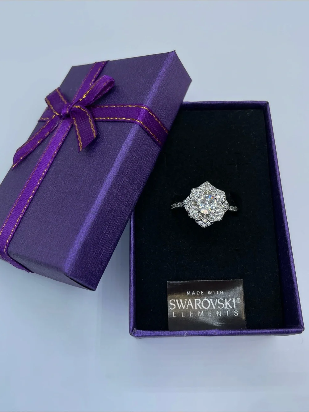 Swarovski Crystal Elements White Crystal Floral Cluster Halo Ring Sz 9 Art Deco